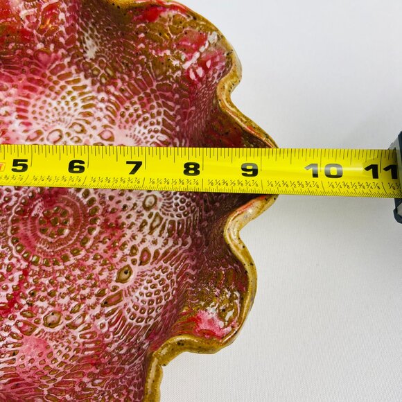 Handcrafted Ruffled Studio Art Pottery Bowl Red/Pink Intricate Lace Pattern 9” - Picture 3 of 9